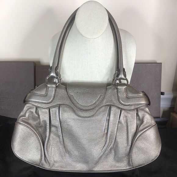 SALVATORE FERRAGAMO Gancini Metallic Silver Grey Leather Hand Bag Like New Cndtn - Picture 4 of 17